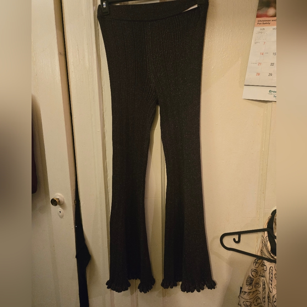 Brown Ribbed Flared Knit Pants